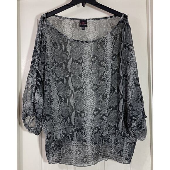2b bebe Snake Print Puff Sleeve Blouse Cropped Sheer Animal Print Top Large - Picture 8 of 11